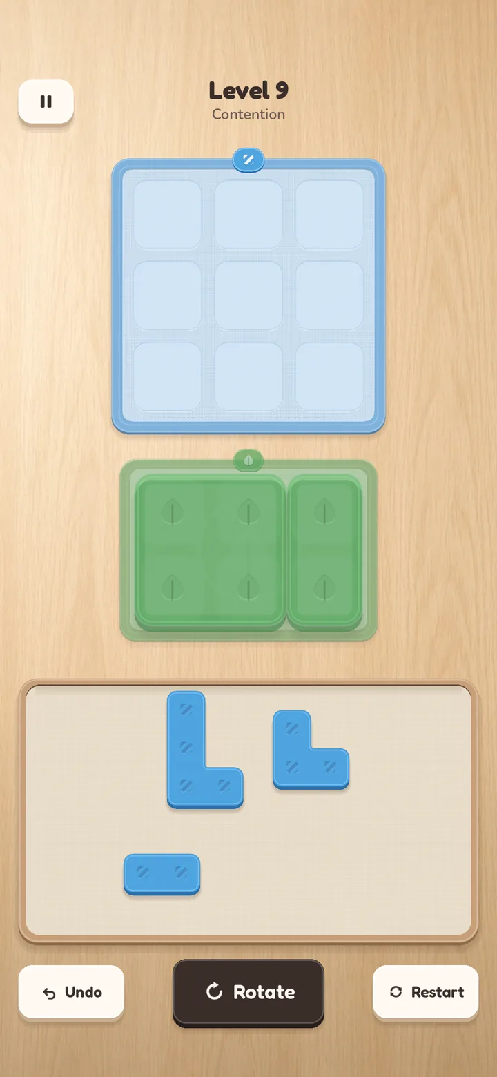 Level 9: the green mat already covered and sealed, the blue mat still empty, three blue tiles left in the tray.