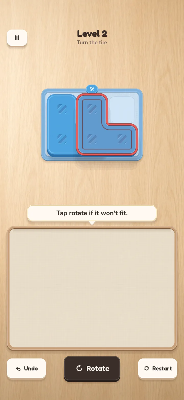 Level 2: a blue L tile shown in red over the mat because it needs turning first, with the tip 'Tap rotate if it won't fit.'
