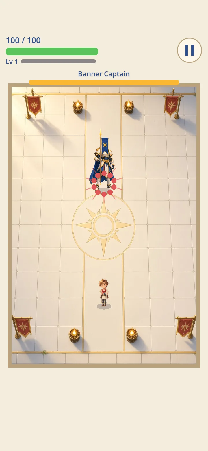 The Banner Captain releasing a ring of crimson orbs in the elite arena while the hero waits below.