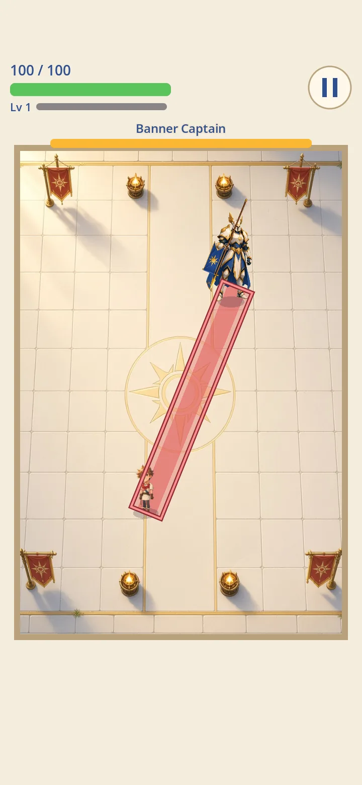 The Banner Captain winds up a crimson dash lane aimed at the hero in the elite arena.