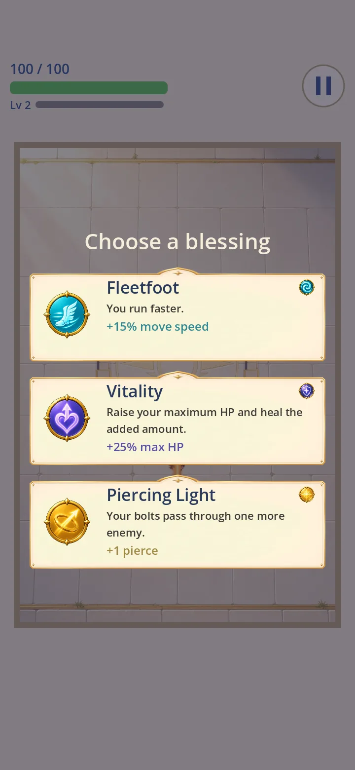 The level-up screen offering three blessings: Fleetfoot, Vitality and Piercing Light.