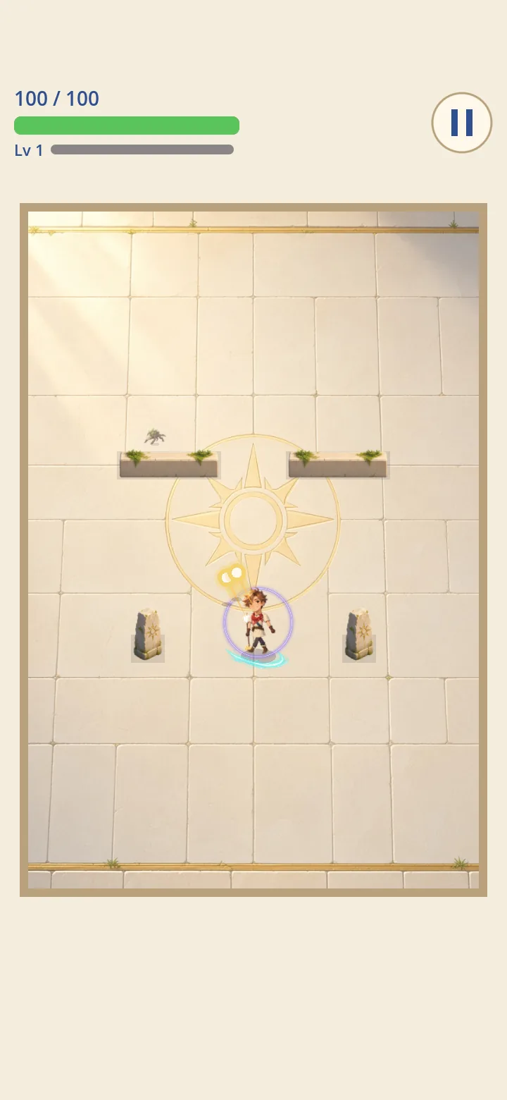 The hero stands still behind a Guardian Spark shield and fires twin bolts of light past the stone markers.