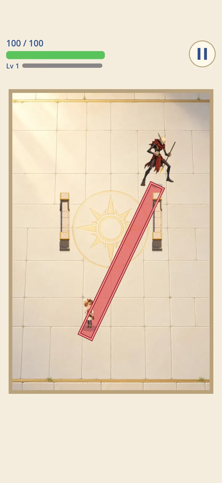 A Sunspike Lancer's crimson lane stretched across the room toward the hero, between two stone rails.