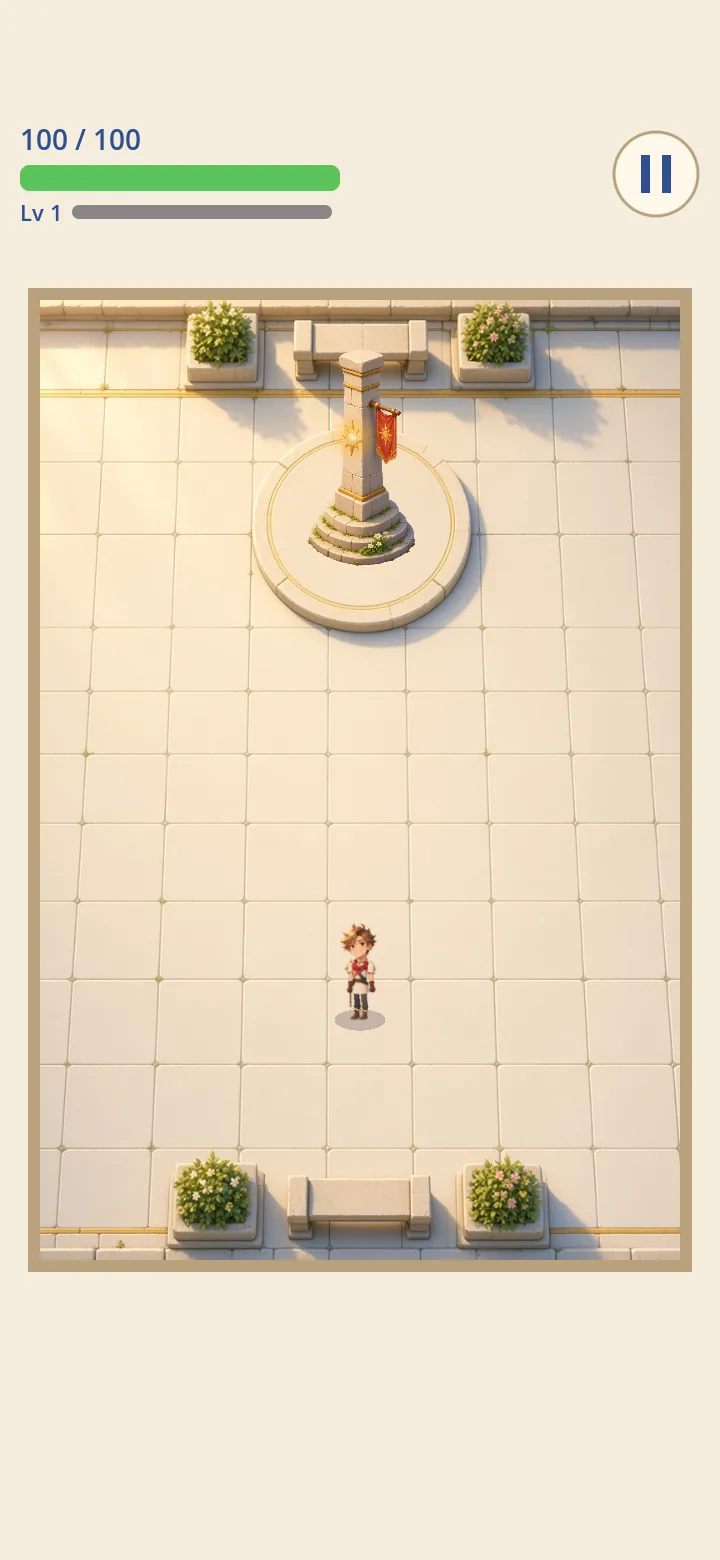 Room 4, the Rest Shrine: a sunlit plaza with a shrine altar, flower planters and benches.