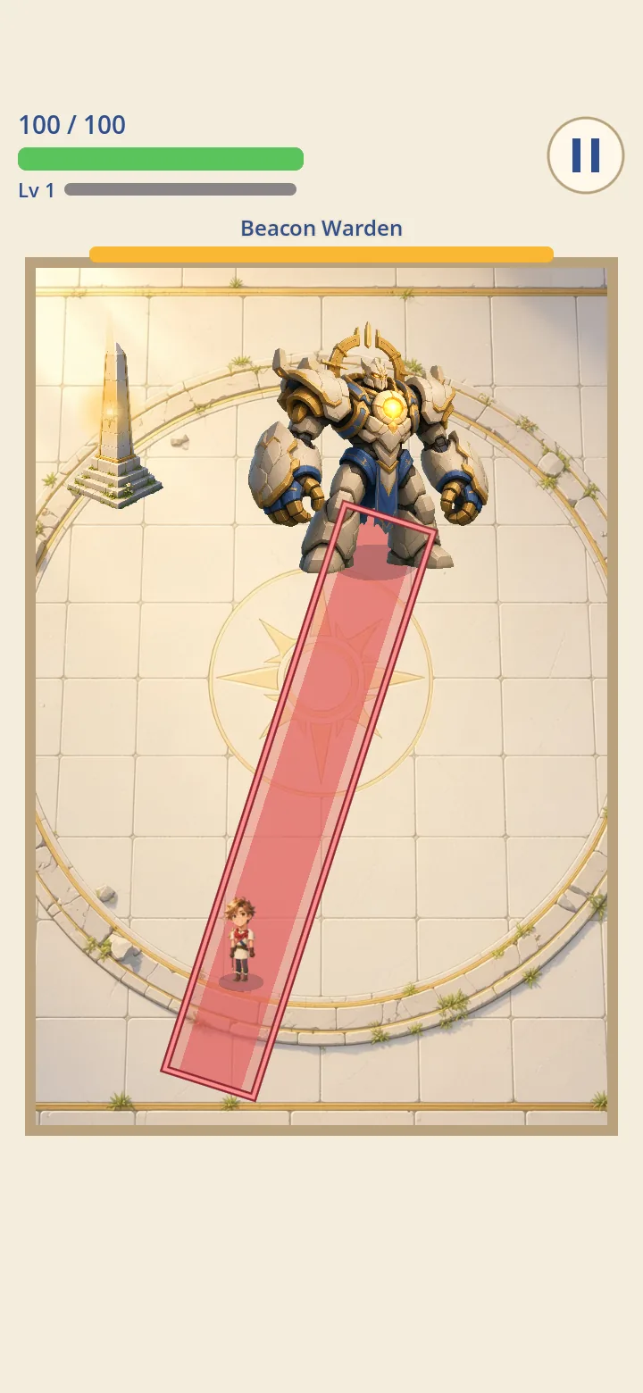 Dawnward: the Beacon Warden boss aims a crimson Charge lane at the hero in the ringed boss arena.