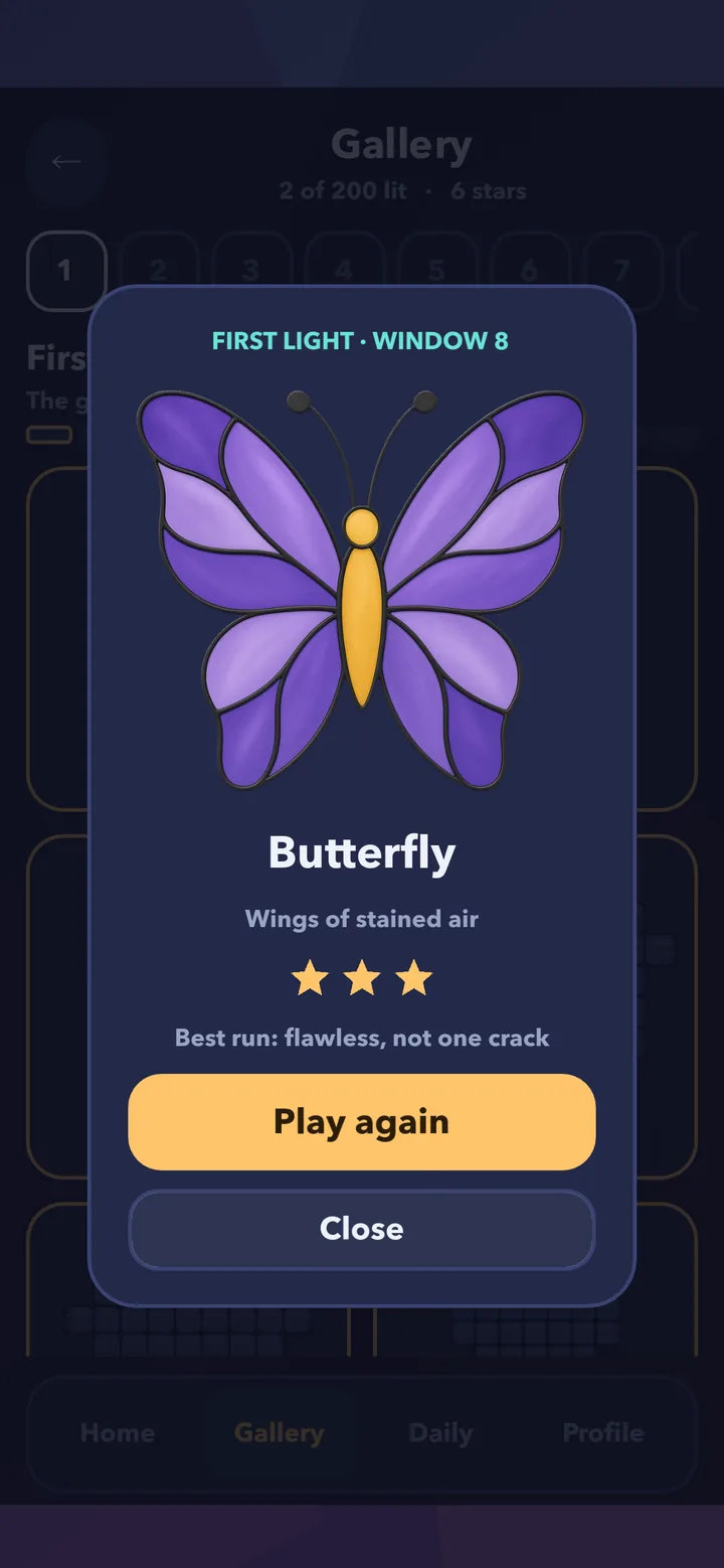 The Butterfly in the Gallery: the finished stained-glass picture with three stars and Best run: flawless, not one crack.