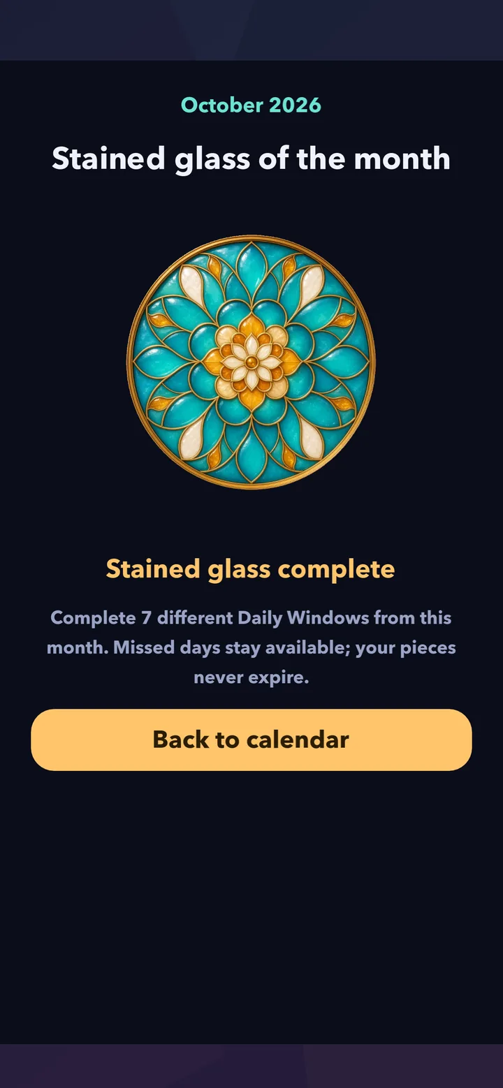 Stained glass of the month complete: a turquoise and amber floral medallion with Back to calendar.