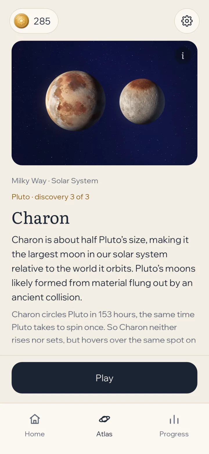 A discovery card for Charon, Pluto's largest moon, with a short illustrated fact.
