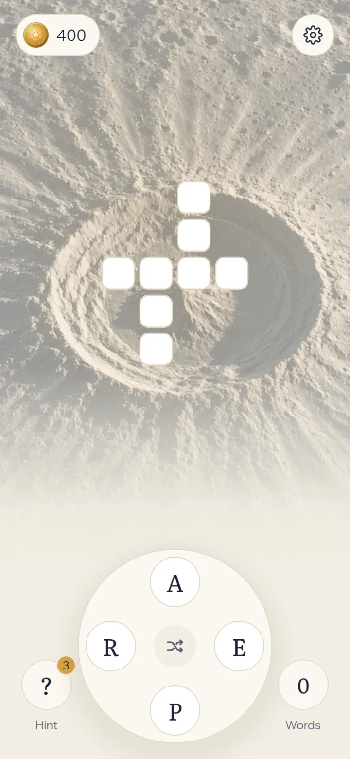 A fresh crossword over a Moon crater illustration, with the letters A, R, E and P on the wheel below.