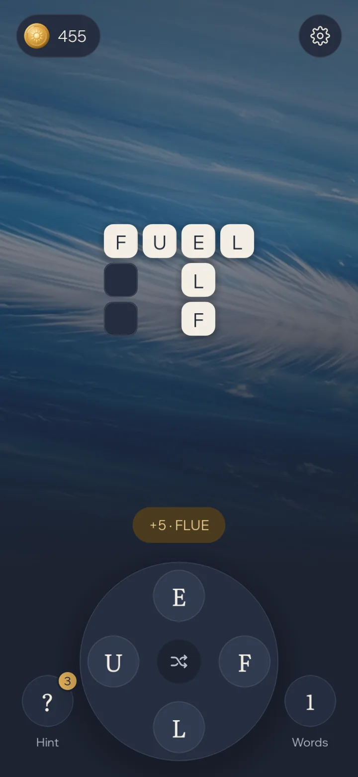 A Night theme crossword: FUEL across and ELF down through the shared E, with the note +5 · FLUE for an extra word.